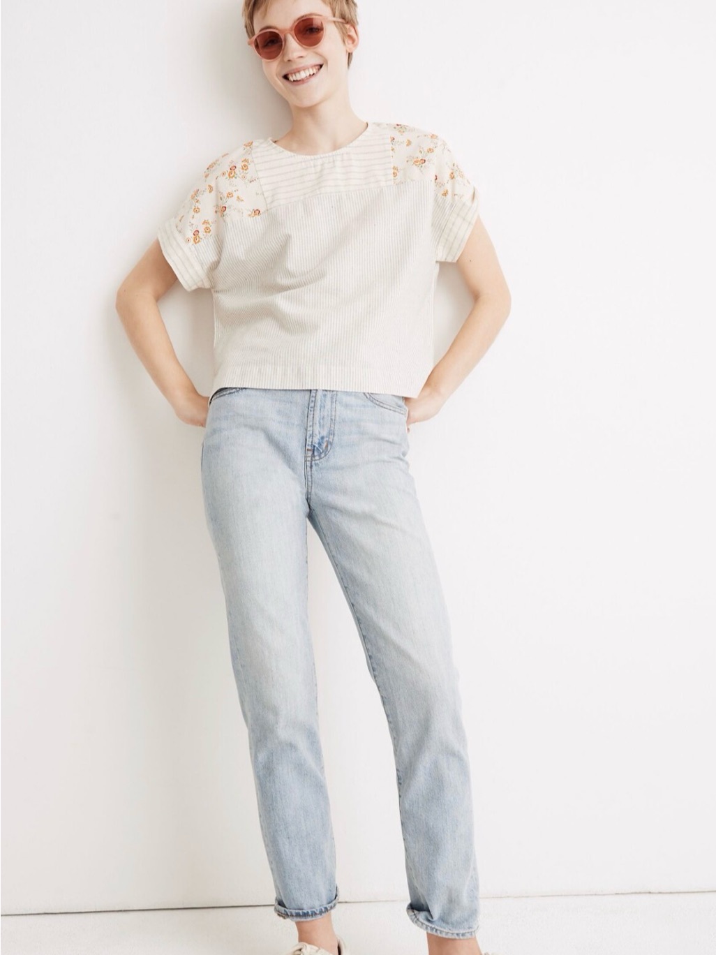 Madewell The Denim Project Cream Striped Boxy Blouse With Floral Shoulders